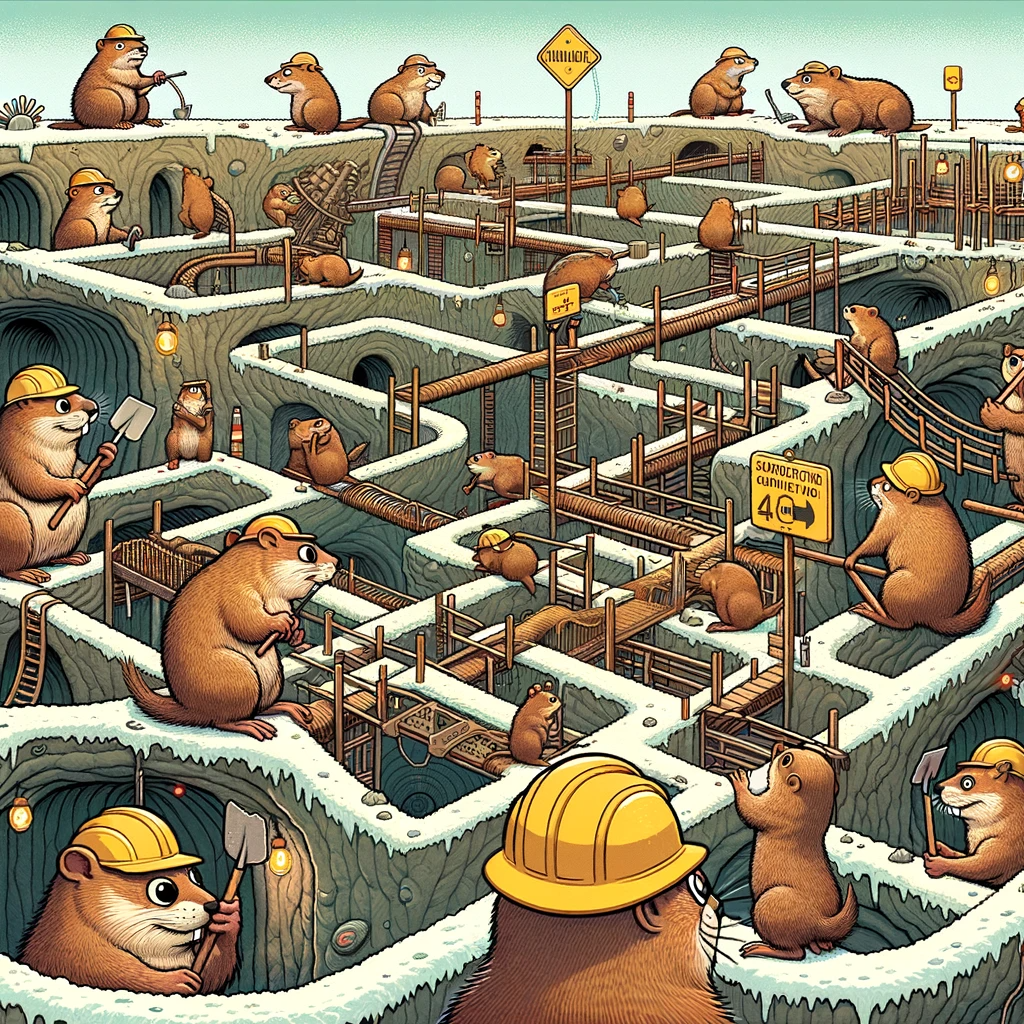 prompt was "a complex web of underground holes being dug by groundhogs, with construction signs at dead ends. cartoon style"